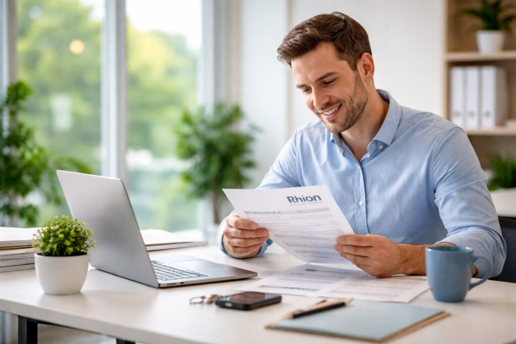Een klant bekijkt een Rhion Autoverzekering-polis in een moderne kantooromgeving.