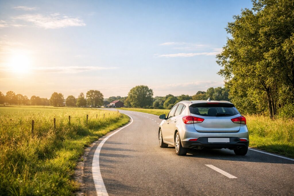 Een auto rijdt veilig over een rustige weg, verzekerd door BOVAG Autoverzekering.