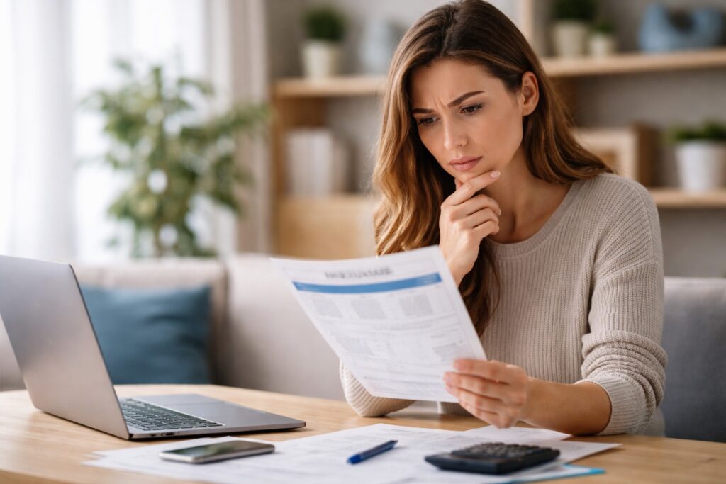 Een vrouw bekijkt haar autoverzekeringspolis met een zorgelijke blik.