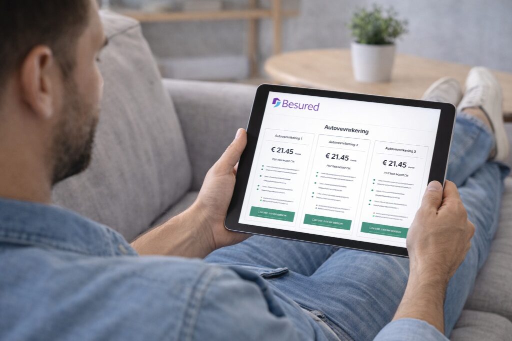 Automobilist bekijkt verzekeringspolis op een tablet thuis.