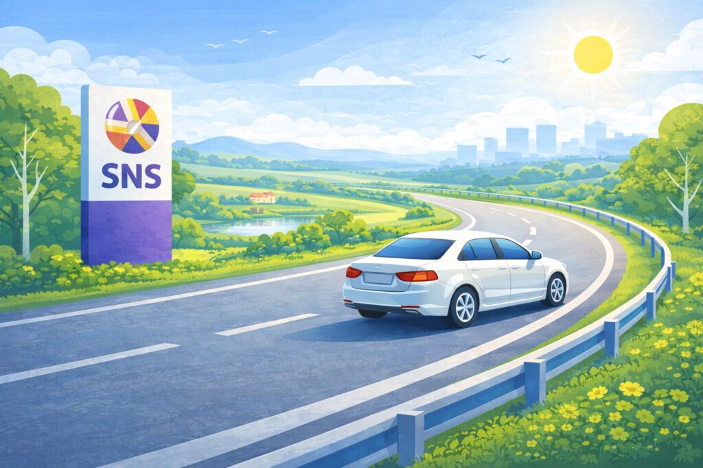Een auto rijdt veilig over een rustige weg bij zonsondergang, met SNS Autoverzekering.