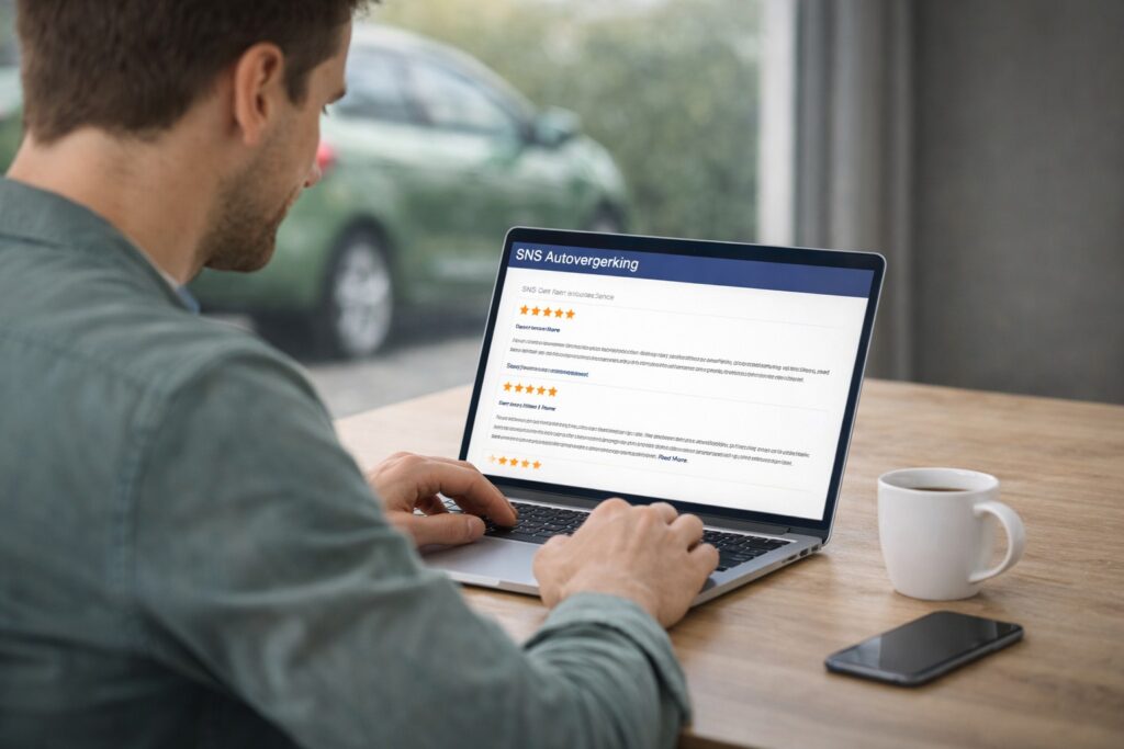 Een tevreden klant leest een SNS Autoverzekering review op een laptop.