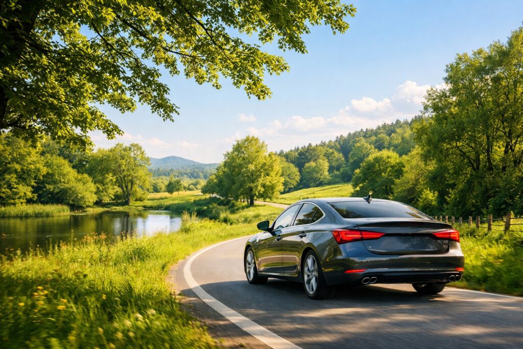 Auto rijdt door een groene omgeving, symbool voor Saeve Autoverzekering.