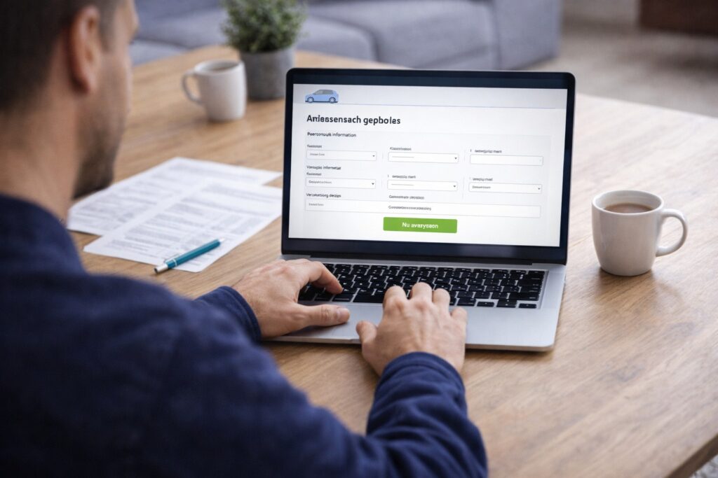 Man vult online formulier in voor autoverzekering op laptop.