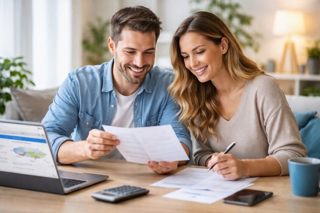 Een stel bekijkt documenten voor het afsluiten van een autoverzekering bij Turien.