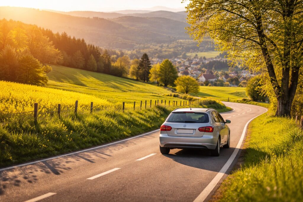 Auto rijdt door schilderachtig landschap met United Consumers Autoverzekering.