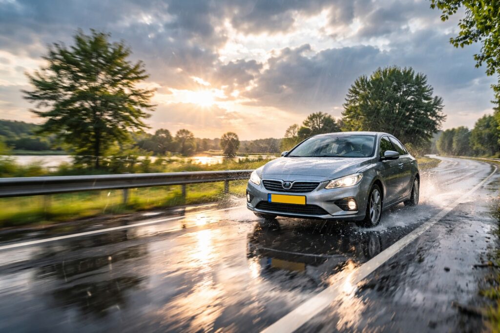 Een auto rijdt veilig op een regenachtige weg met zichtbare regendruppels op de voorruit.