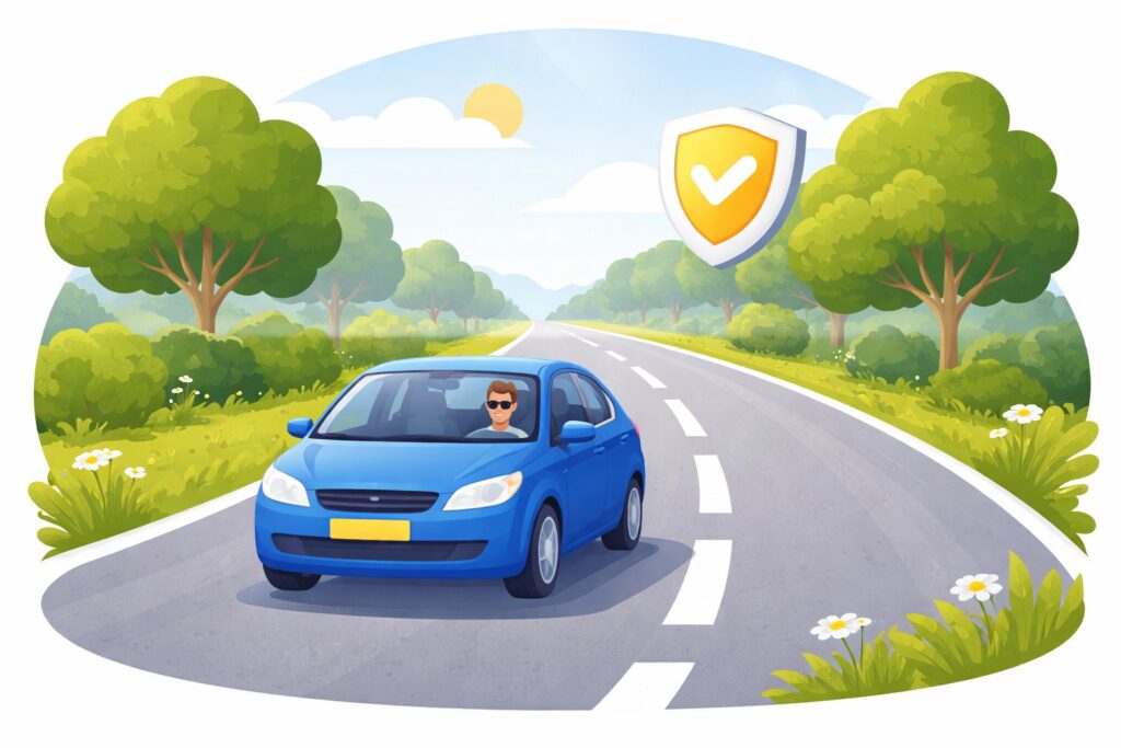 Een auto rijdt veilig op een zonnige dag, symbool voor FBTO Autoverzekering.