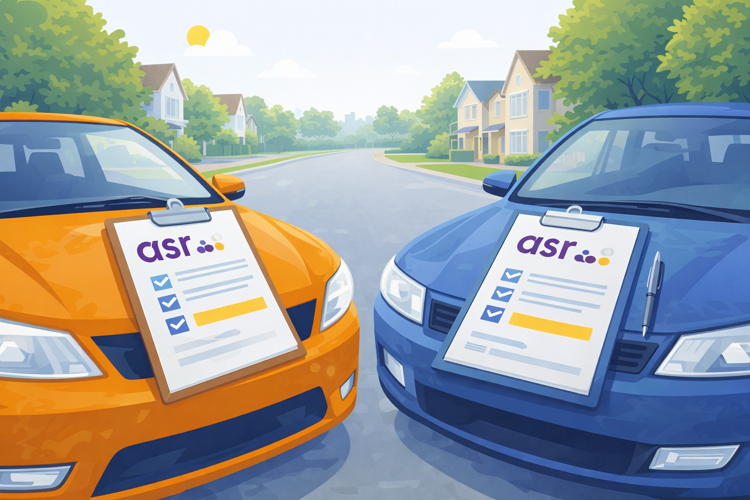 Twee auto's in een rustige straat met verzekeringspapieren op de motorkap voor ASR Autoverzekering vergelijken.