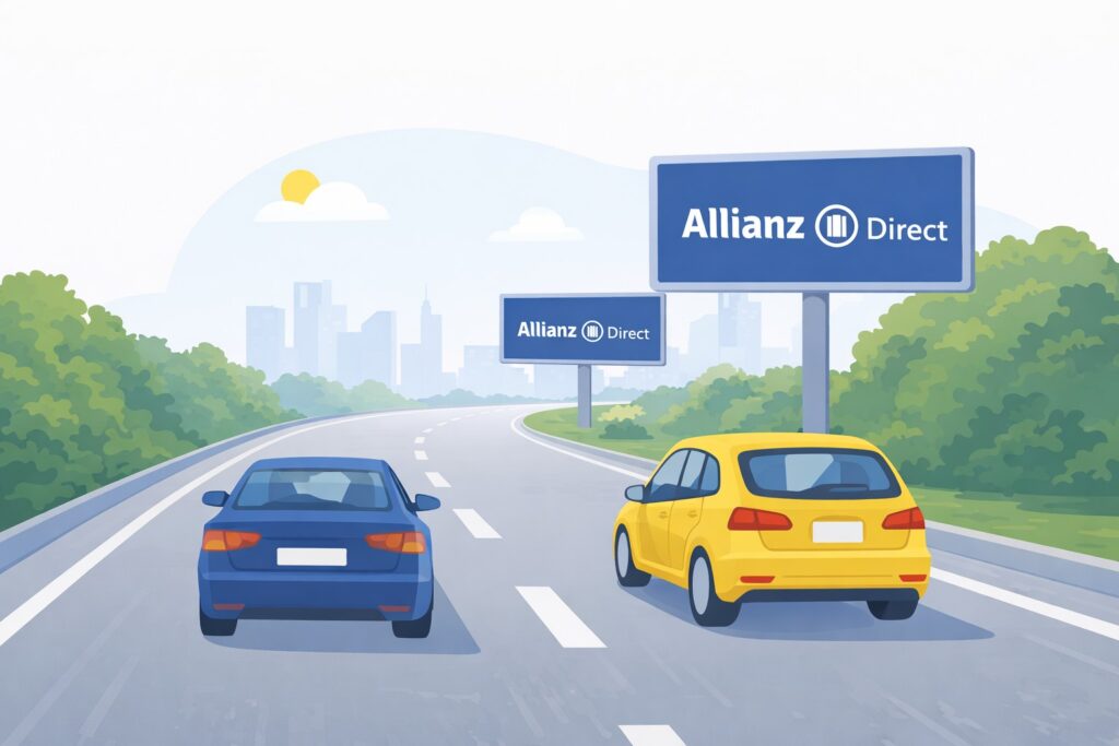 Twee auto's op een snelweg met Allianz Direct reclameborden.