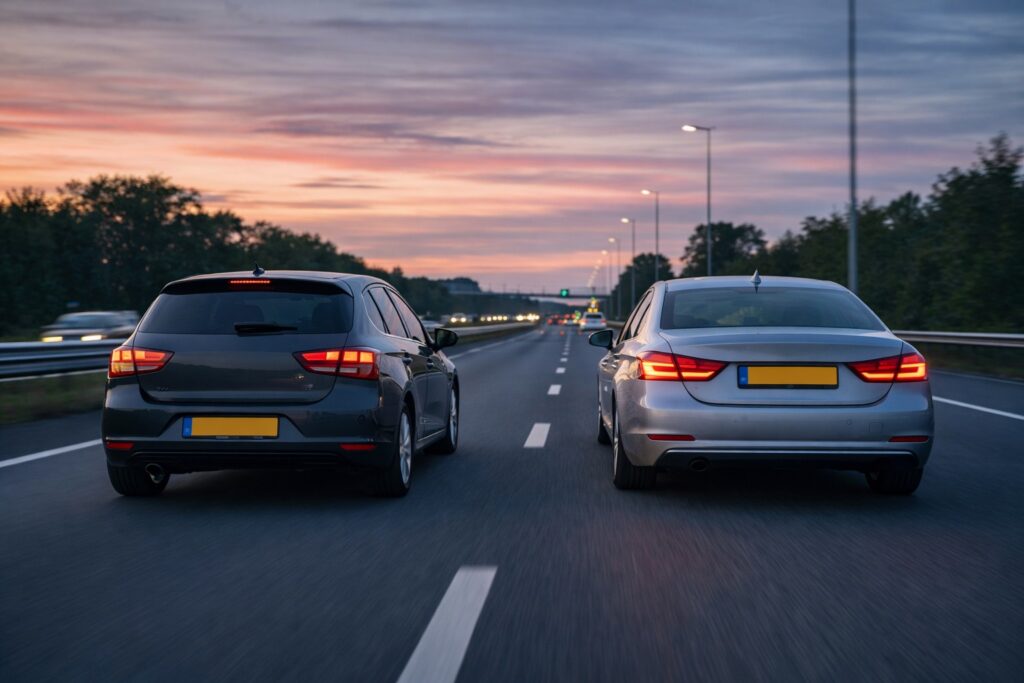 Twee auto's rijden naast elkaar op een snelweg tijdens de schemering.