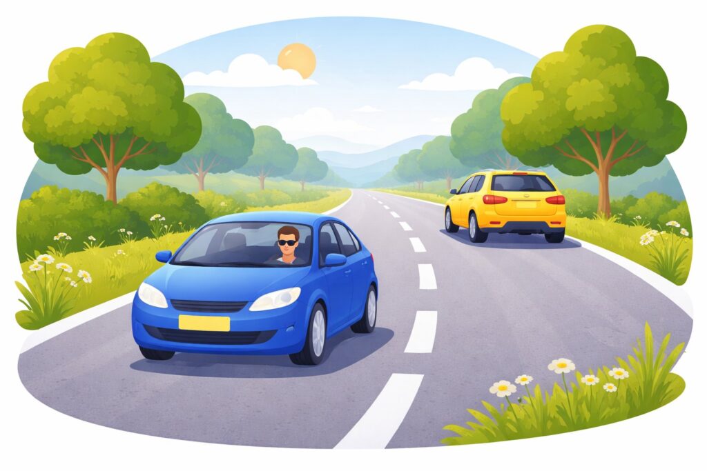 Twee auto's op een rustige weg met een zonnige lucht op de achtergrond.