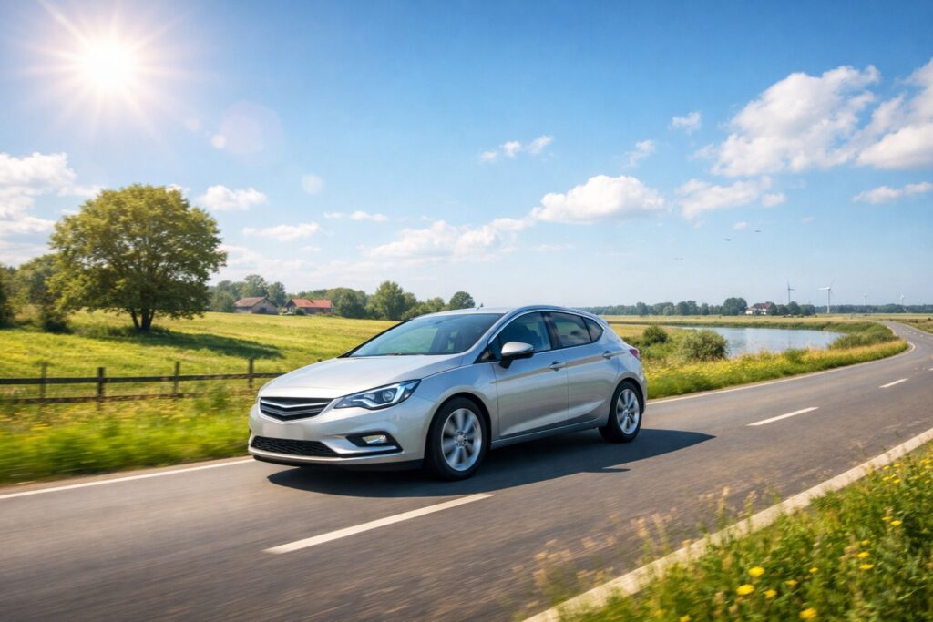 Auto rijdt veilig op een zonnige dag, verzekerd bij OHRA Autoverzekering.