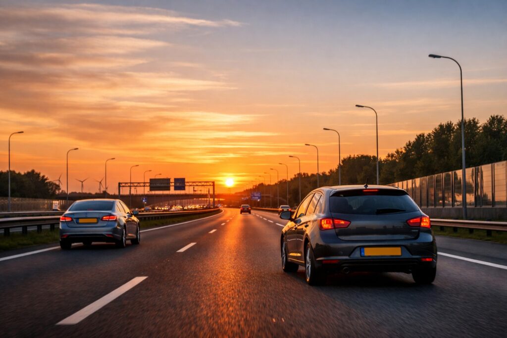 Twee auto's rijden langs een Nederlandse snelweg bij zonsondergang.