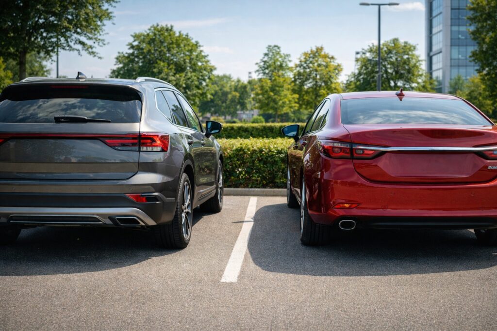 Twee auto's naast elkaar op een zonnige dag op een parkeerplaats.