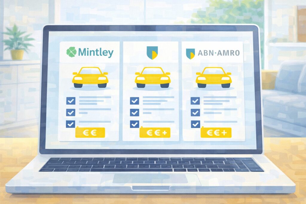 Een laptop met verschillende autoverzekeringsopties op het scherm.