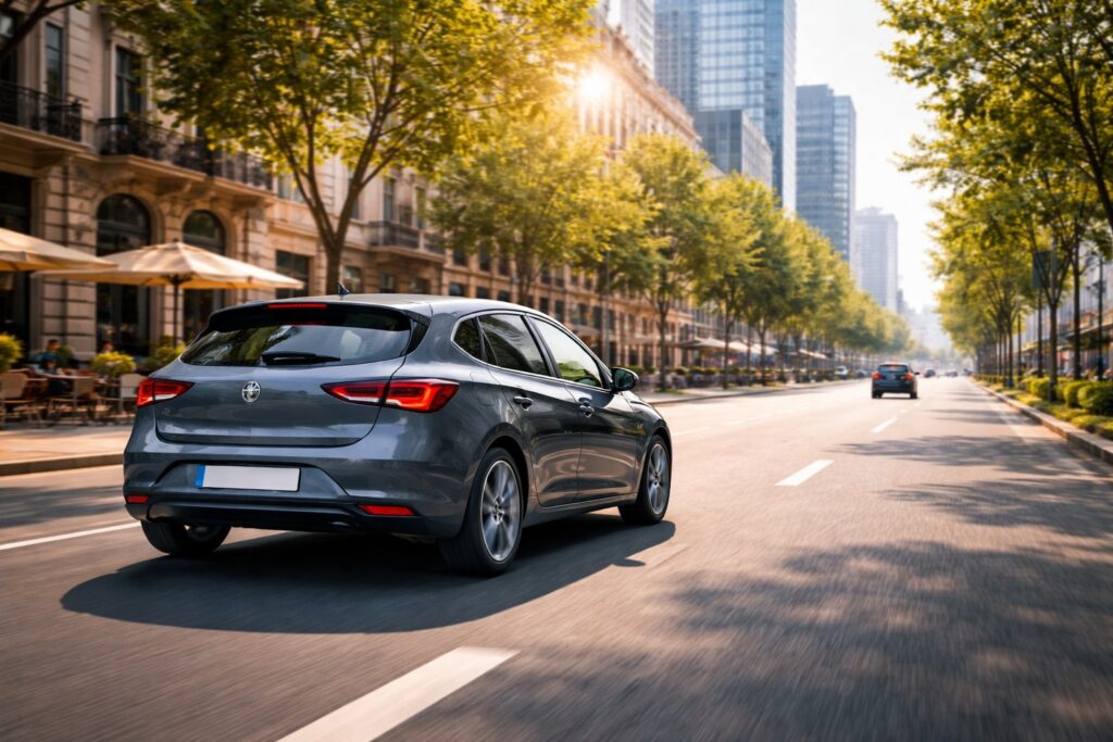 Een auto rijdt veilig door een stad met Interpolis Autoverzekering.