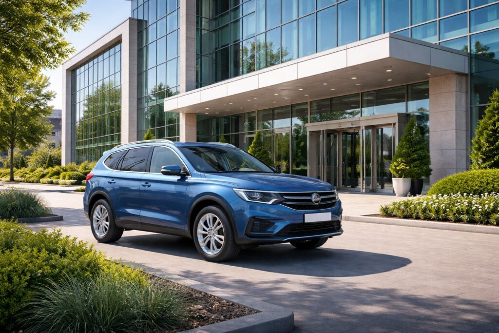 Auto geparkeerd voor een modern kantoorgebouw op een zonnige dag.