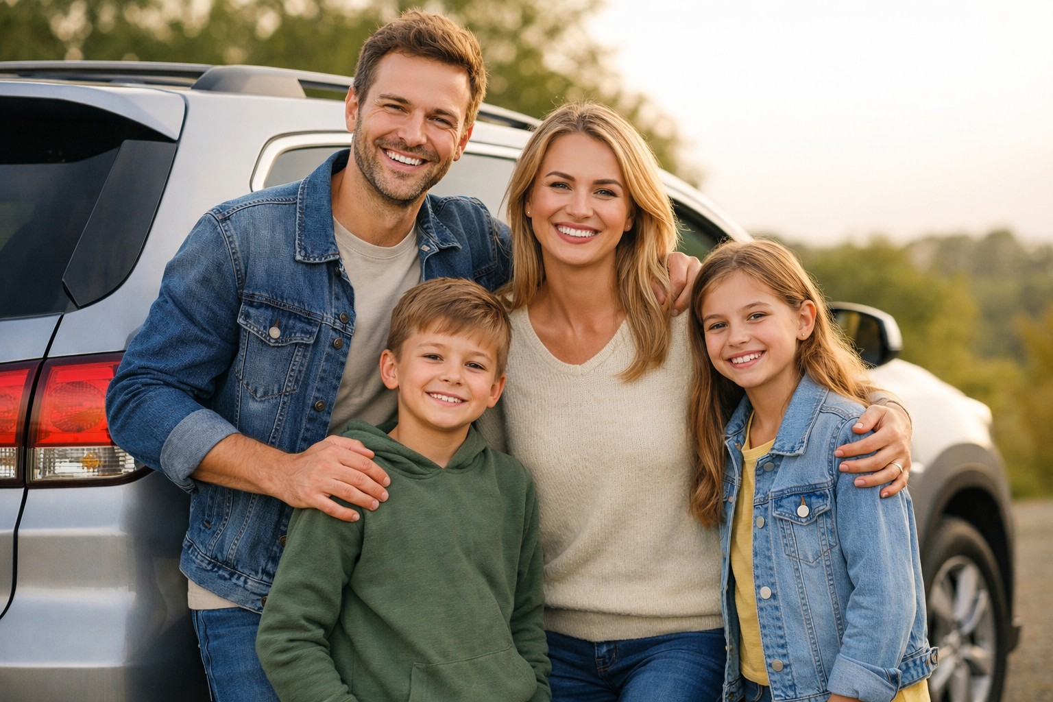 Een gezin lacht terwijl ze naast hun auto staan, symboliserend vertrouwen in hun verzekering.