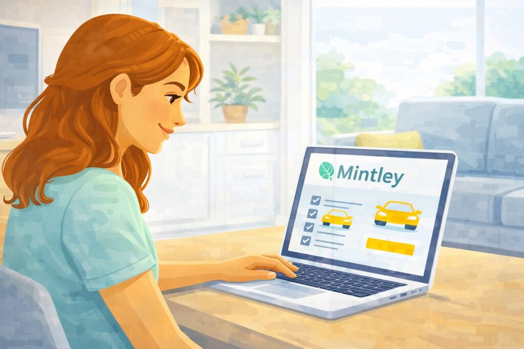 Een vrouw bekijkt een Mintley autoverzekering op haar laptop thuis.