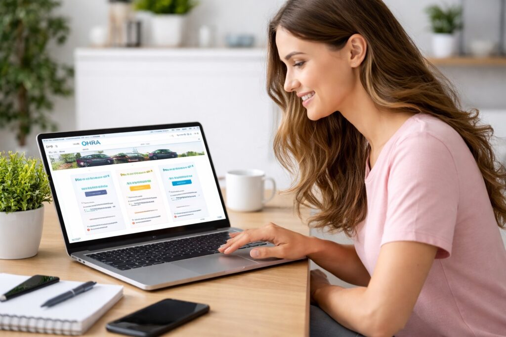 Vrouw vergelijkt OHRA autoverzekeringen op haar laptop aan een bureau.