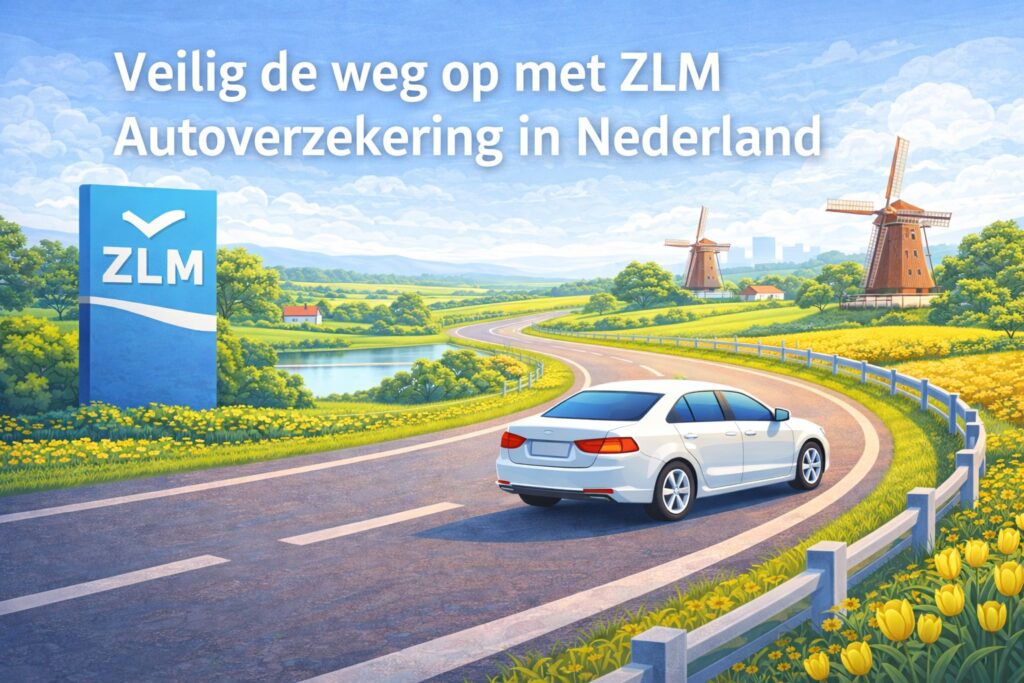 Een auto rijdt door een schilderachtig Nederlands landschap met ZLM Autoverzekering.