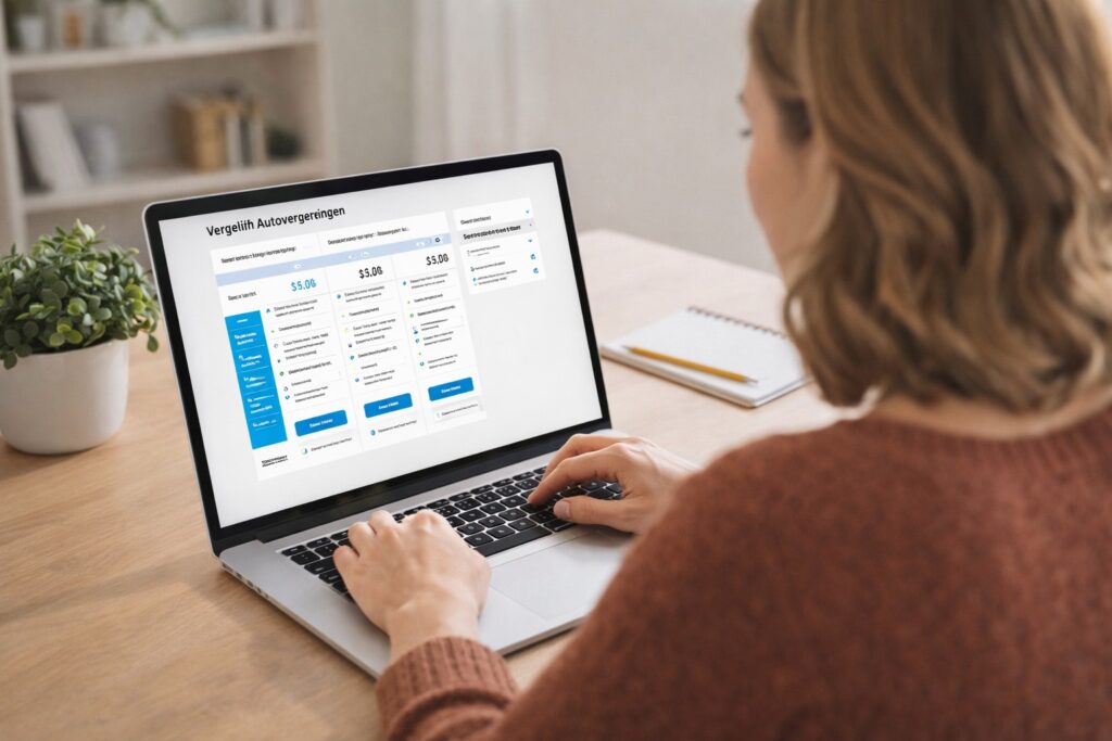 Een vrouw vergelijkt autoverzekeringen online op haar laptop.