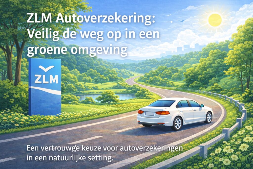 Een auto rijdt veilig door een groene omgeving, vertegenwoordigt ZLM Autoverzekering.