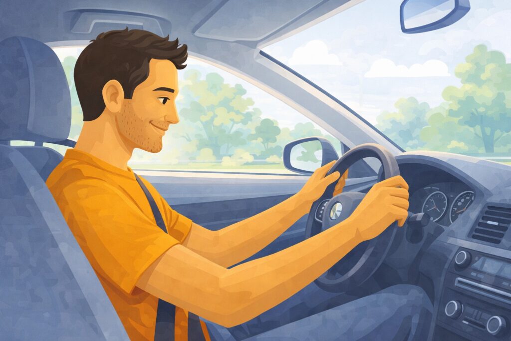 Een tevreden bestuurder rijdt zorgeloos in zijn auto dankzij een ABN AMRO autoverzekering.