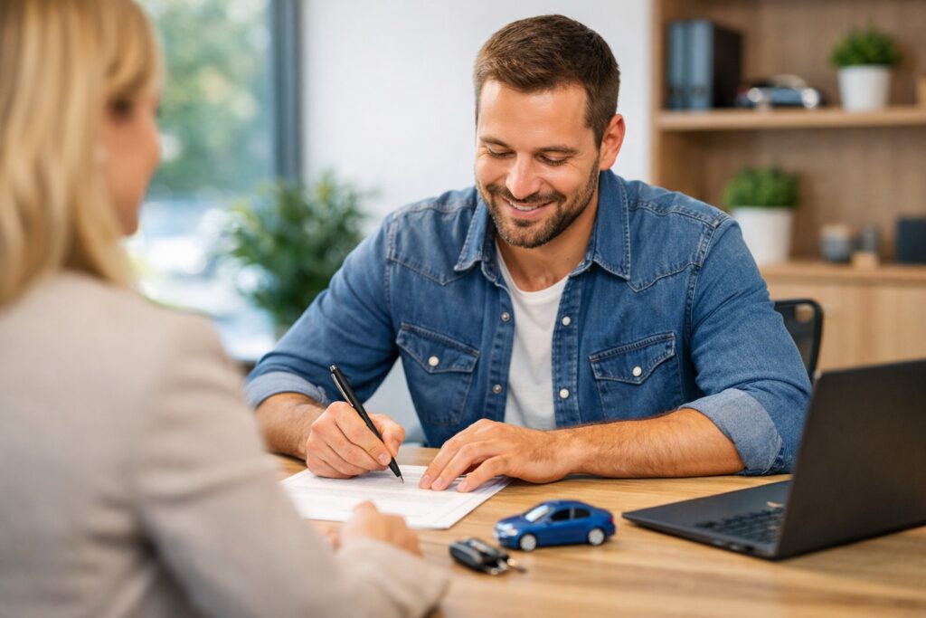 Een tevreden klant tekent een Bovemij Autoverzekering in een kantoor.