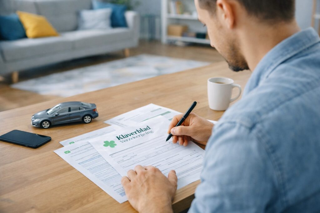 Man vult formulieren in voor het afsluiten van een Klaverblad autoverzekering.