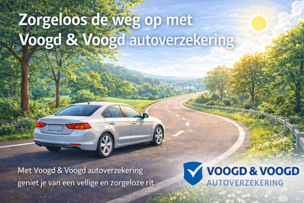 Een auto rijdt veilig over een schilderachtige weg, verzekerd door Voogd & Voogd.