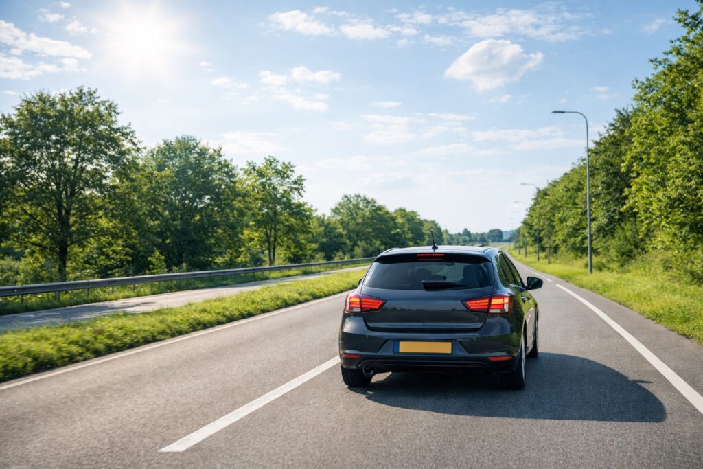 Auto op een rustige weg met een zonnige lucht, symbool voor zorgeloos rijden.