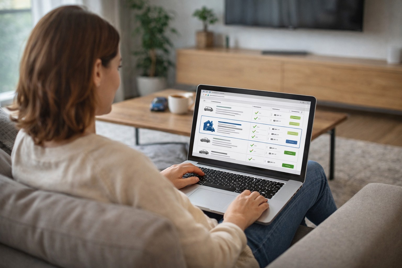Vrouw bekijkt autoverzekeringsopties op laptop in moderne woonkamer, symboliseert zorgeloos op weg met De Goudse autoverzekering.