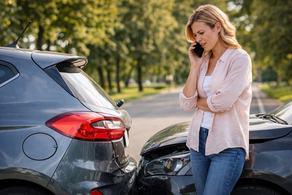 Een vrouw belt haar autoverzekeraar na een kleine aanrijding.