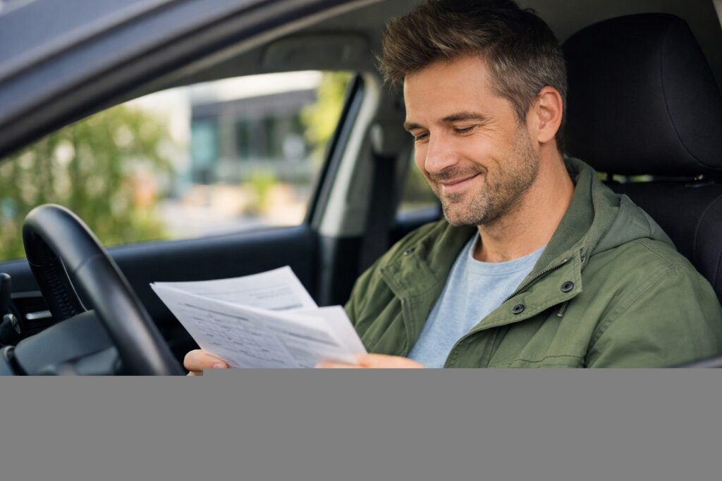 Een tevreden bestuurder bekijkt zijn ASN Autoverzekering documenten.