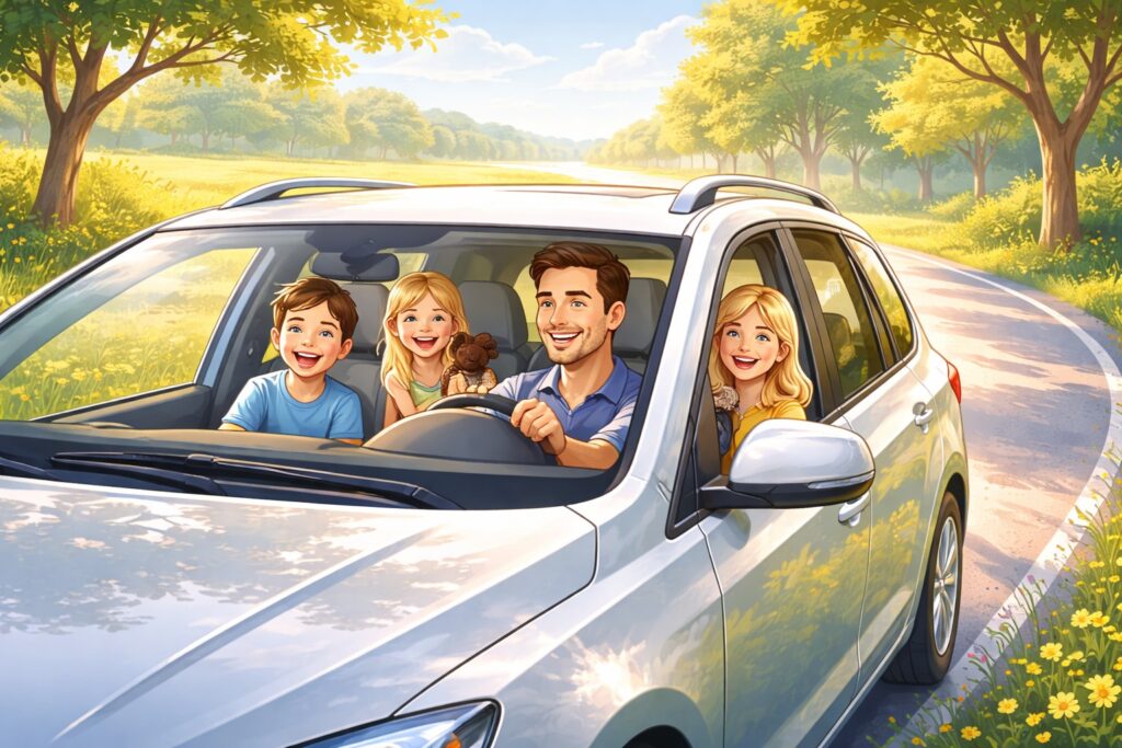Een gezin geniet van een rit in hun auto, verzekerd door Rabobank Autoverzekering.