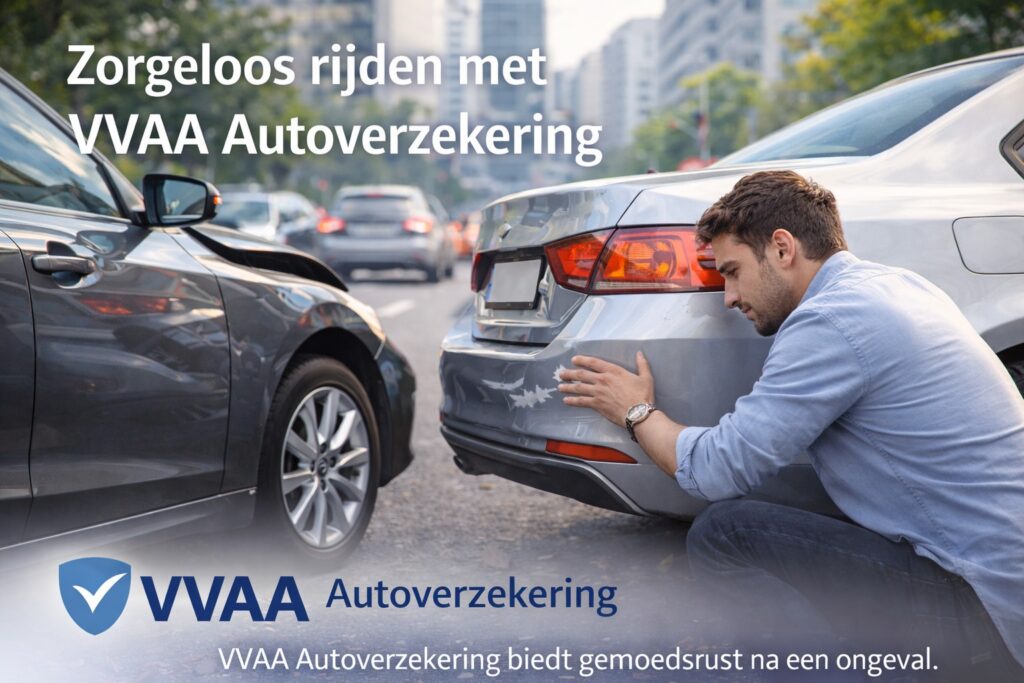 Een man bekijkt zijn auto na een kleine botsing op een drukke straat.