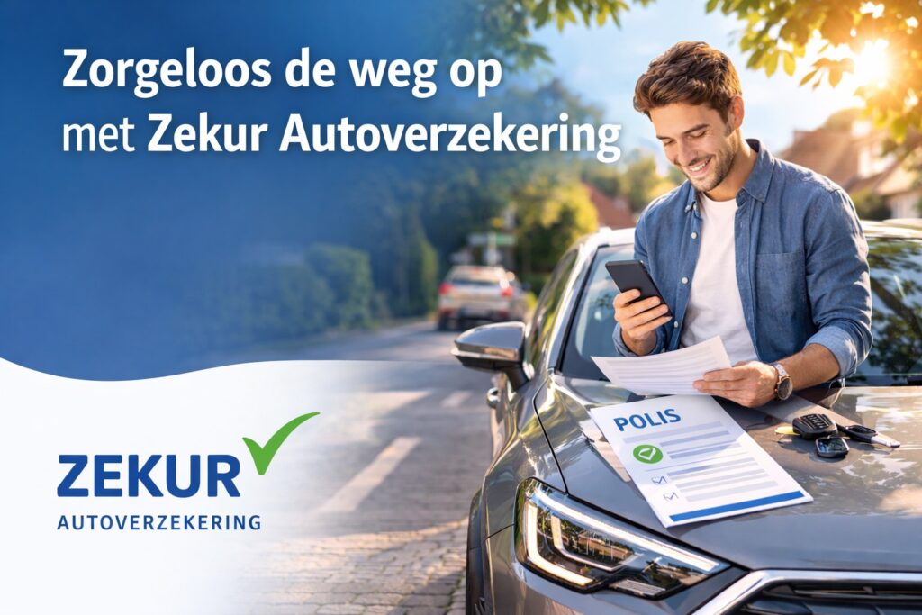 Een jonge bestuurder bekijkt zijn autoverzekeringspolis met Zekur Autoverzekering.