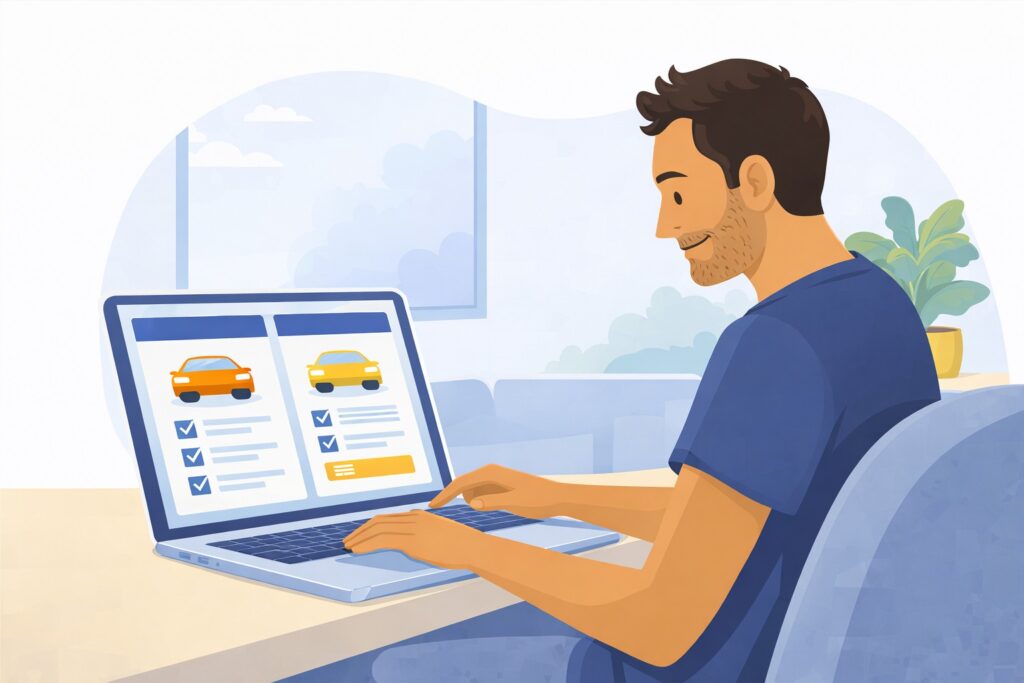 Een man vergelijkt autoverzekeringen online met behulp van een laptop.