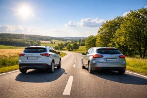Twee auto's op een zonnige weg vergelijken verzekeringsopties.