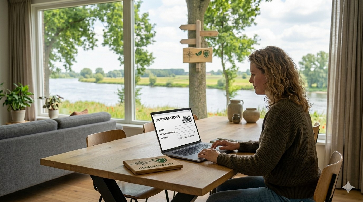 Een vrouw vult online een formulier in om een motorverzekering af te sluiten.