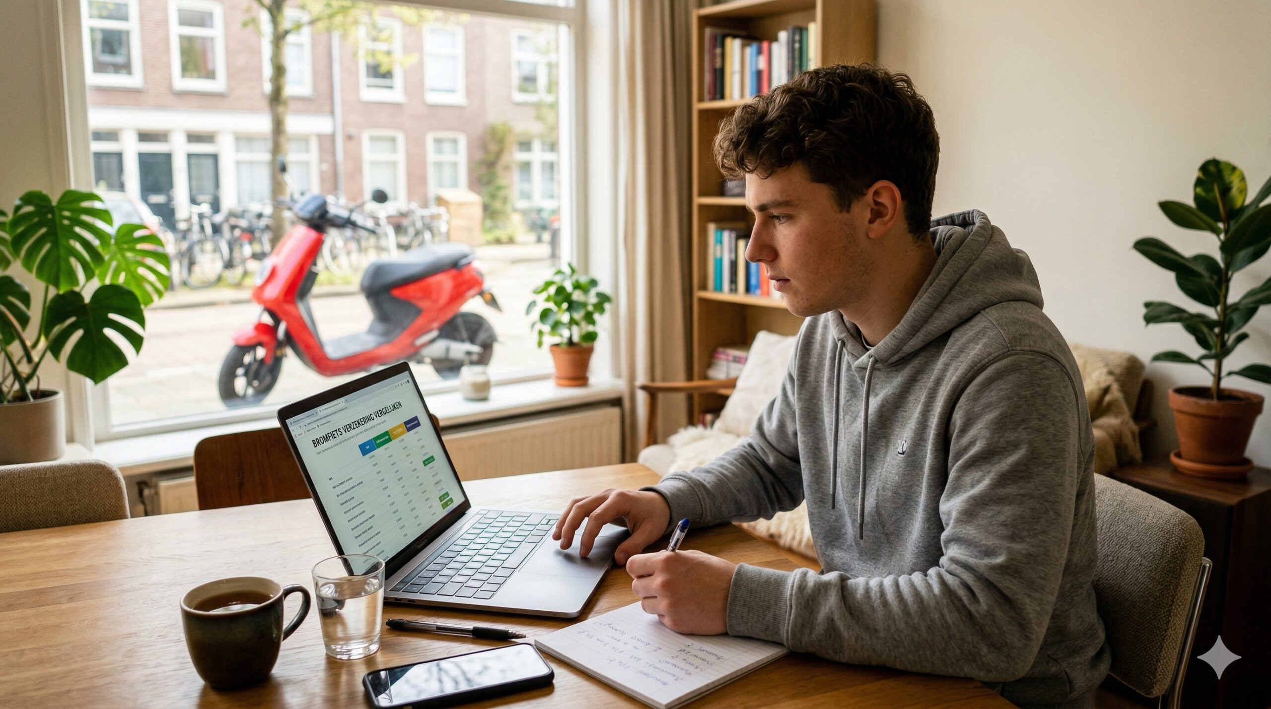 Iemand die thuis op een laptop een bromfietsverzekering vergelijkt en afsluit.
