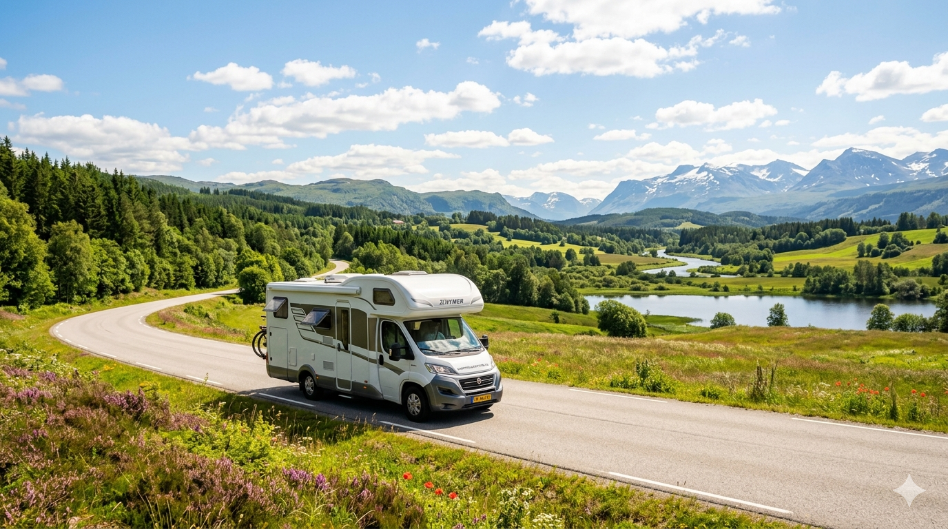 Een camper rijdt door een schilderachtig landschap tijdens een zonnige dag.
