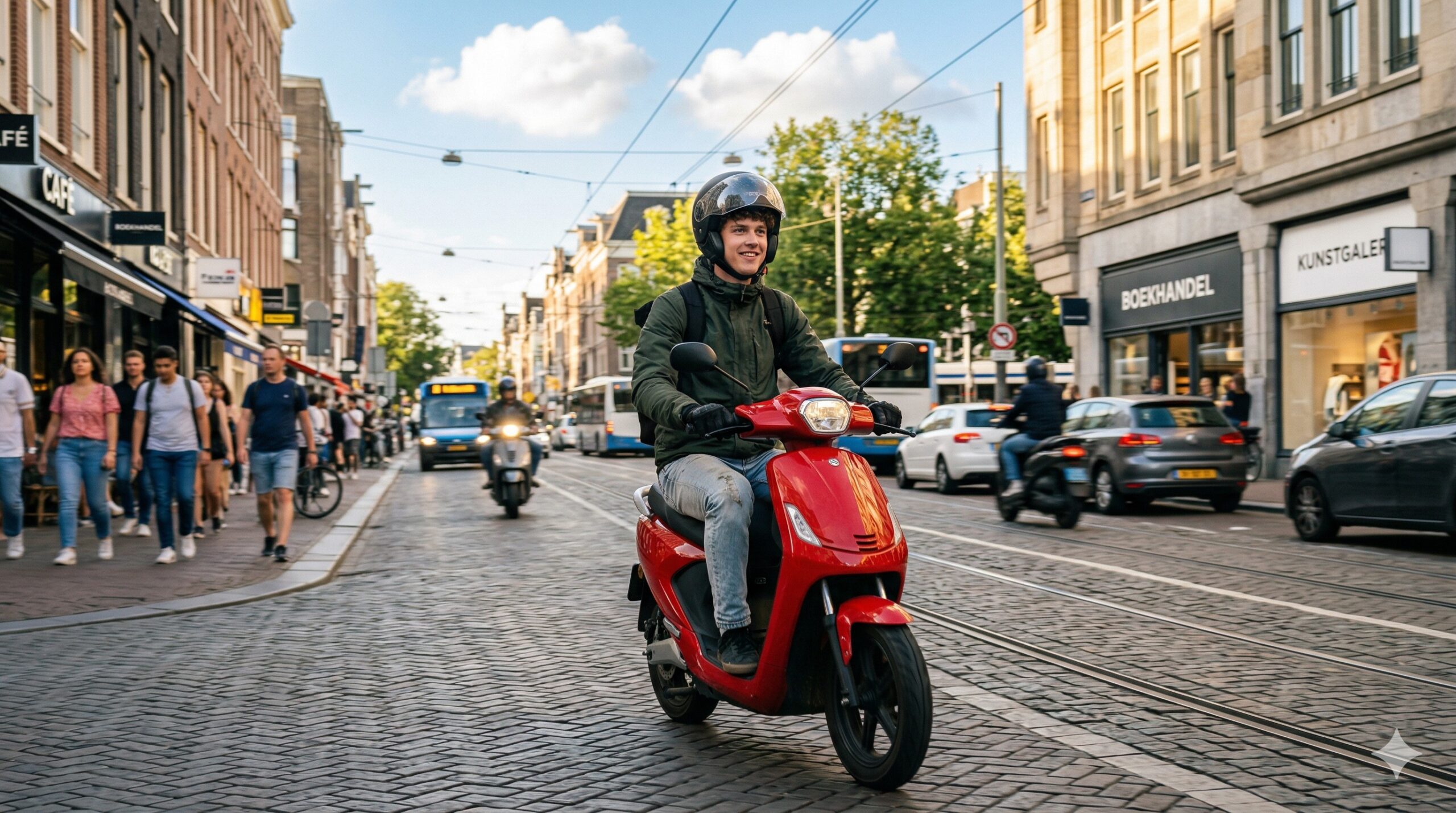 Een jonge man rijdt op een bromfiets door een zonnige stad, genietend van de rit.