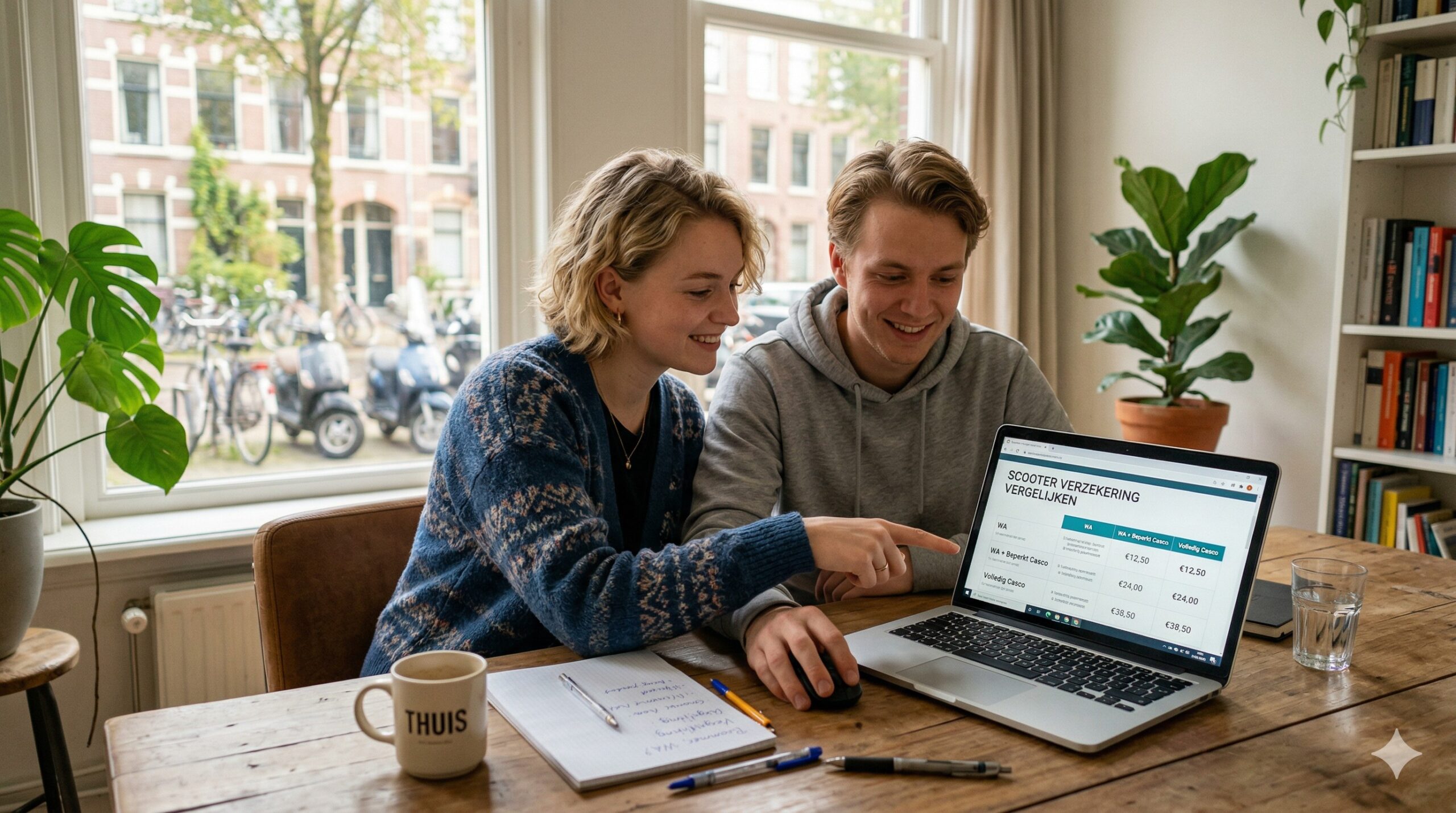 Een jong stel bekijkt samen op een laptop de verschillende opties voor een scooterverzekering.