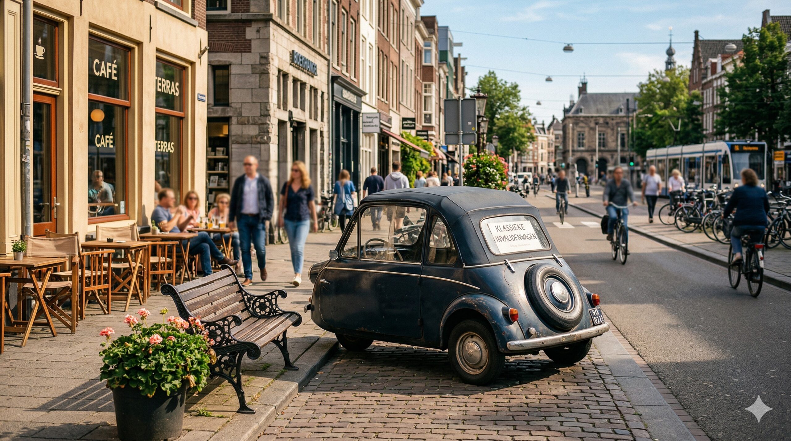 Een klassieke invalidenwagen in een nostalgische setting.
