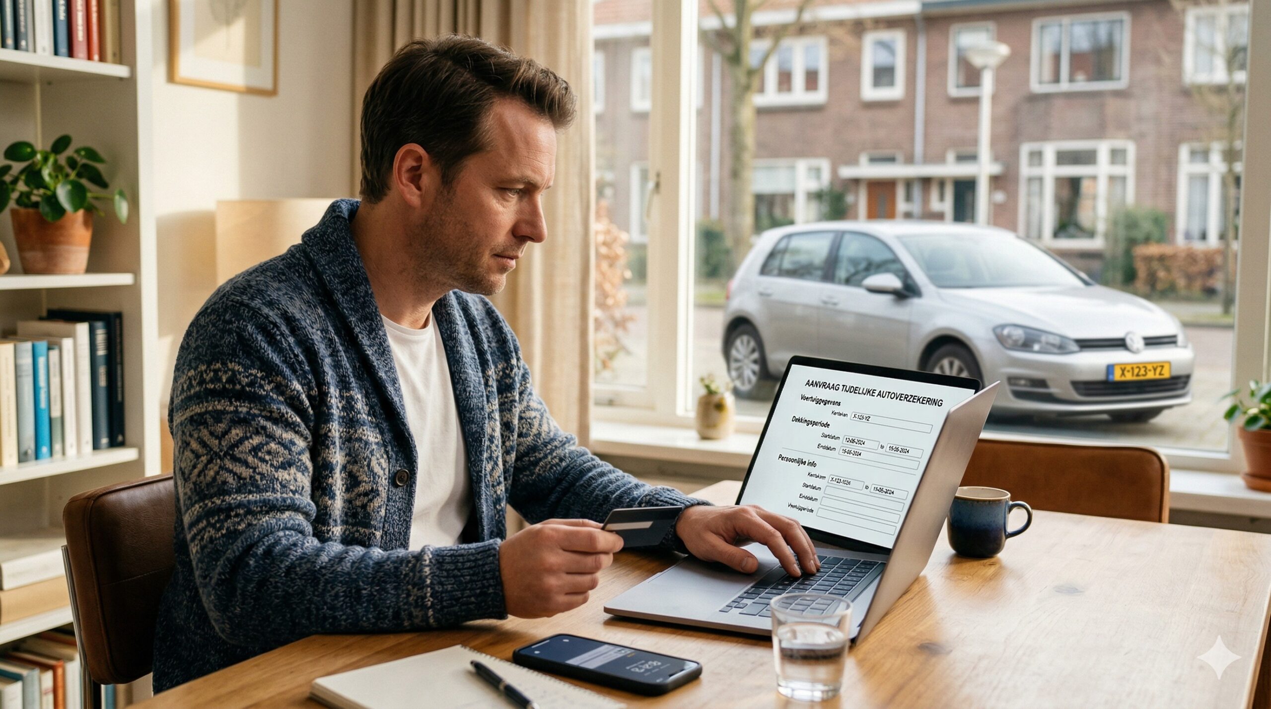 Iemand die op een tablet een tijdelijke autoverzekering online afsluit.