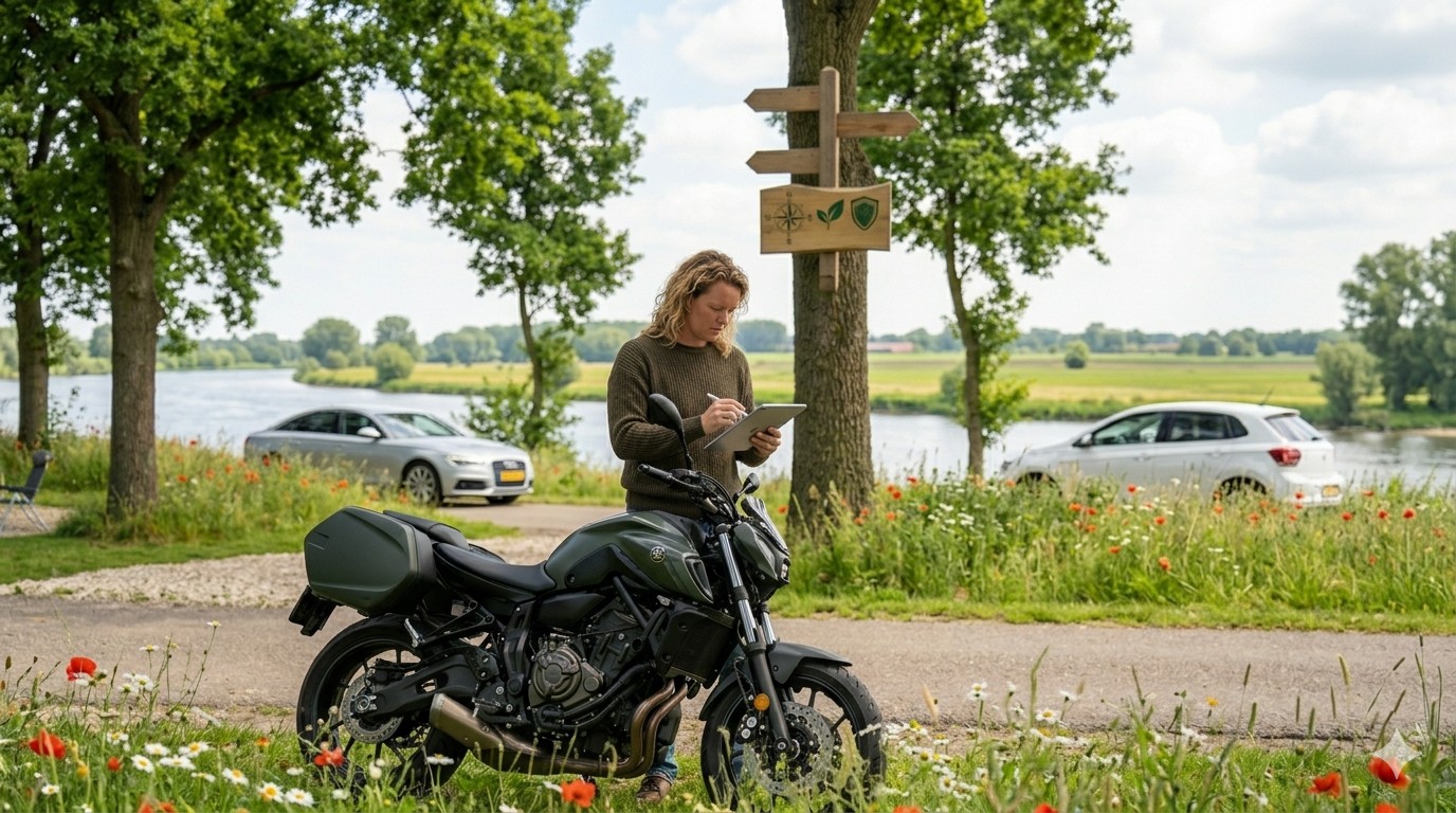 Twee auto's op een rustige weg met een man die hun motorverzekering vergelijkt.