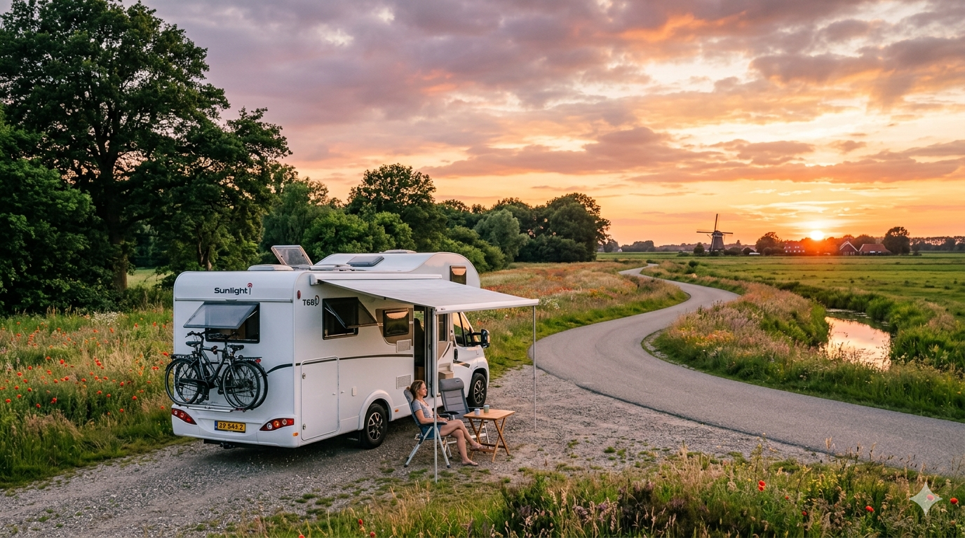 Een camper geparkeerd langs een rustige landelijke weg bij zonsondergang.